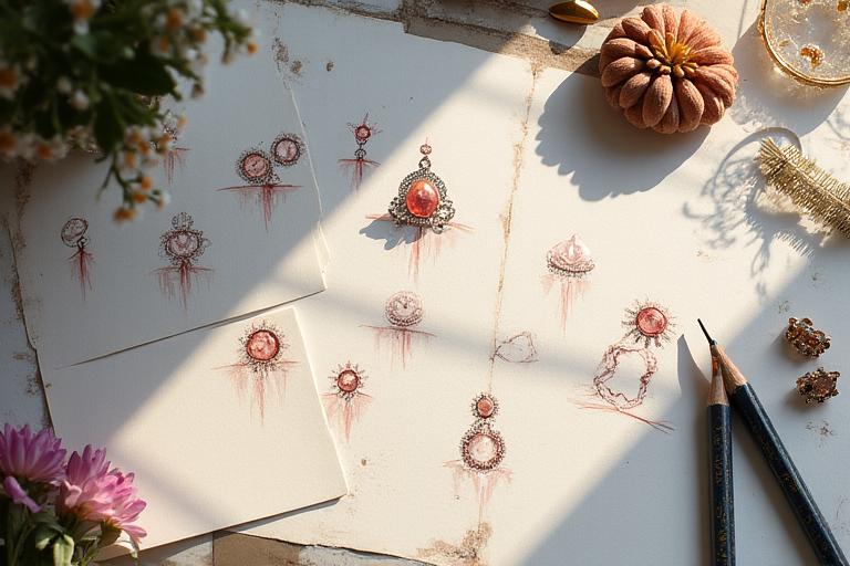 Skizzen und Werkzeuge auf dem Tisch eines Schmuckdesigners
