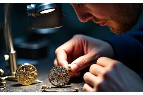 Uhrmacher bei der feinen Arbeit an einem Uhrwerk mit Lupe